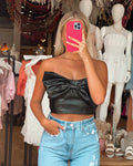 Real Things Strapless Faux Leather Bow Top